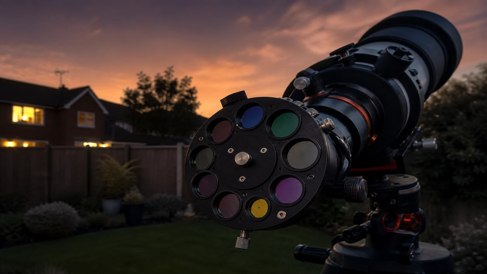 Diagram showing how to assign UHC, O-III, moon, and blank slots on a nine-position filter wheel for a UK suburban garden.
