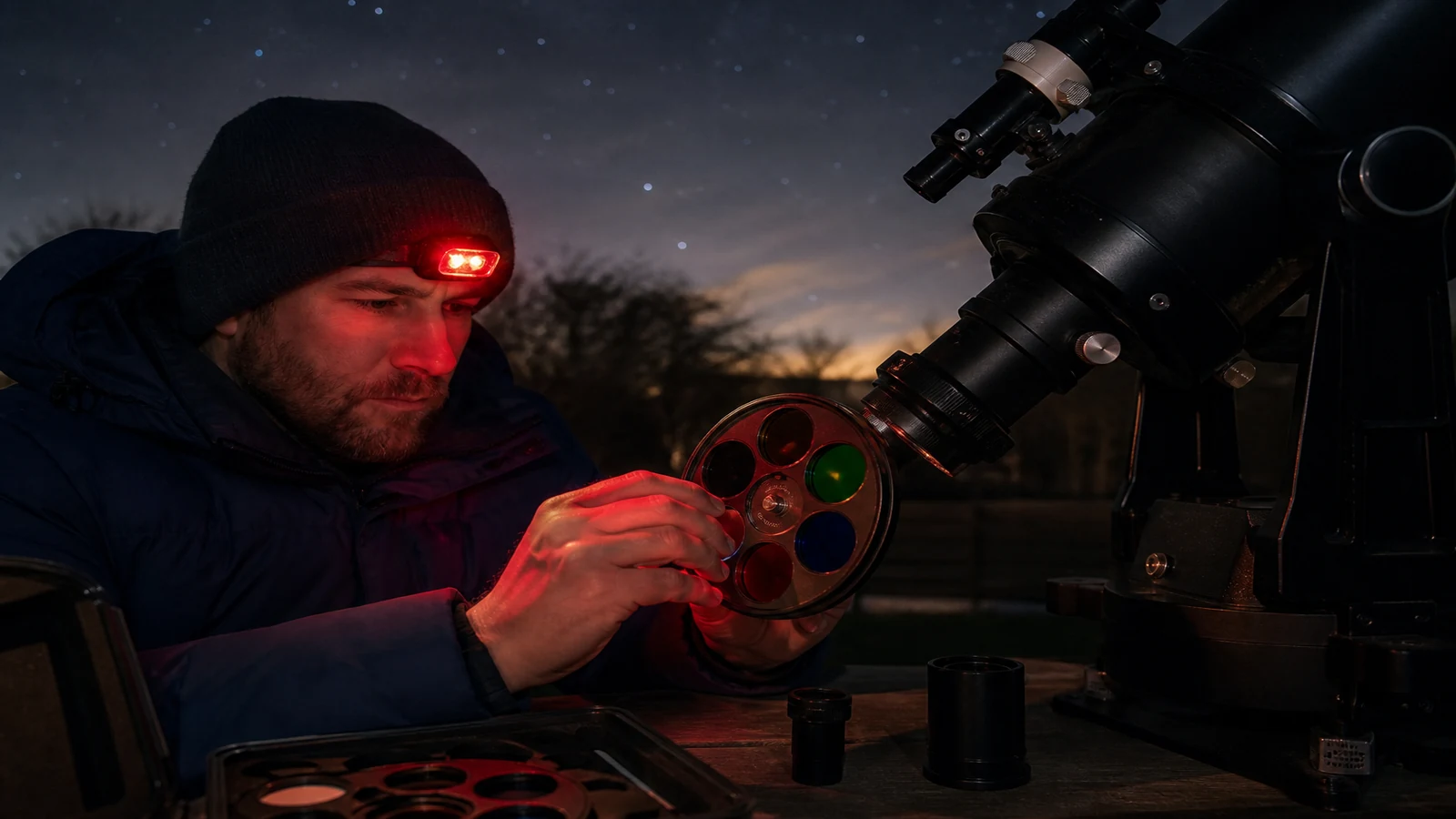 Manual 1.25-inch telescope filter wheel installed between focuser and eyepiece for visual observing in a UK backyard.
